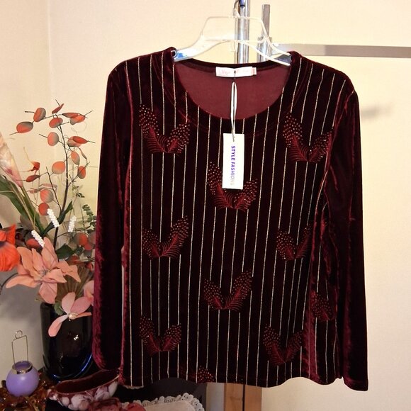 NWT Scoop Neck Wine-red Burgundy Embroidered Blouse Long Sleeve Women’s Top 12 - Picture 7 of 9